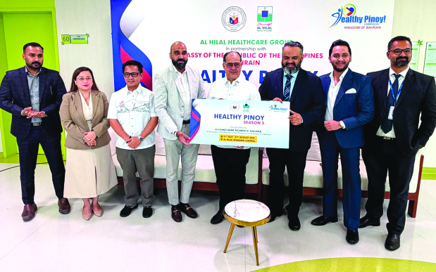 <p><em><strong>Mr Gallaga, fifth from left, Mr Mohammed, fourth from left, Dr Chandran, third from right, and Mr Jamaludheen, second from right, with Al Hilal Group and Philippine Embassy representatives</strong></em></p>
<p>The third season of the &lsquo;Healthy Pinoy Campaign&rsquo; to support the health and wellbeing of the Filipino community will kick off tomorrow. The month-long drive will be held across all Al Hilal Healthcare Group branches in Bahrain, except Al Hilal Premier Hospital. The group announced the launch, in collaboration with the Philippine Embassy, during a joint Press conference at its Manama central branch. The event, led by Philippine Ambassador Gines Jaime Gallaga, was attended by Al Hilal Healthcare Group chief executive officer Dr Sharath Chandran, business and strategy vice-president Asif Mohammed, finance manager Sahal Jamaludheen, group representatives and embassy officials. Throughout August, Filipinos will have access to complimentary preventive health screenings and medical consultations.&nbsp;</p>